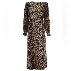 NWT Ganni Long Sleeve Leopard Print Maxi Wrap Dress